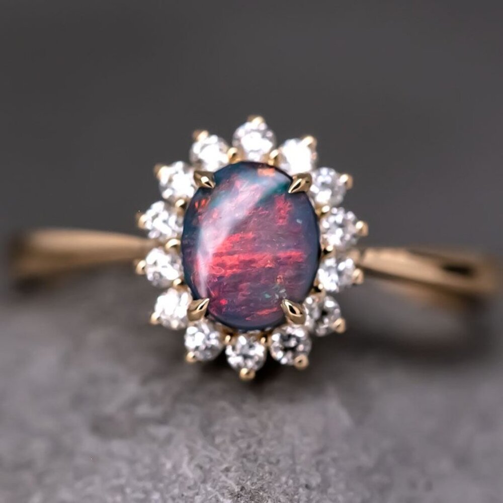 The Modern Classic - Australian Black Opal Diamond Halo Engagement Ring 18K